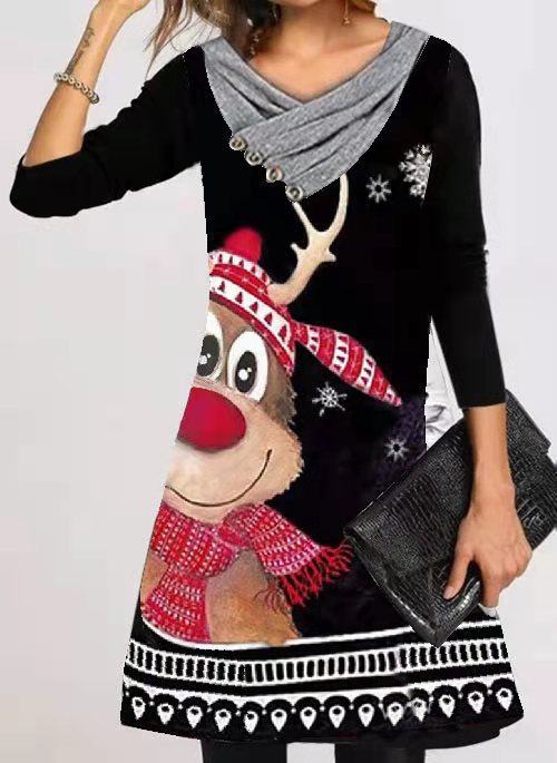 Women's Christmas Printed Long Sleeve Pullover Dress